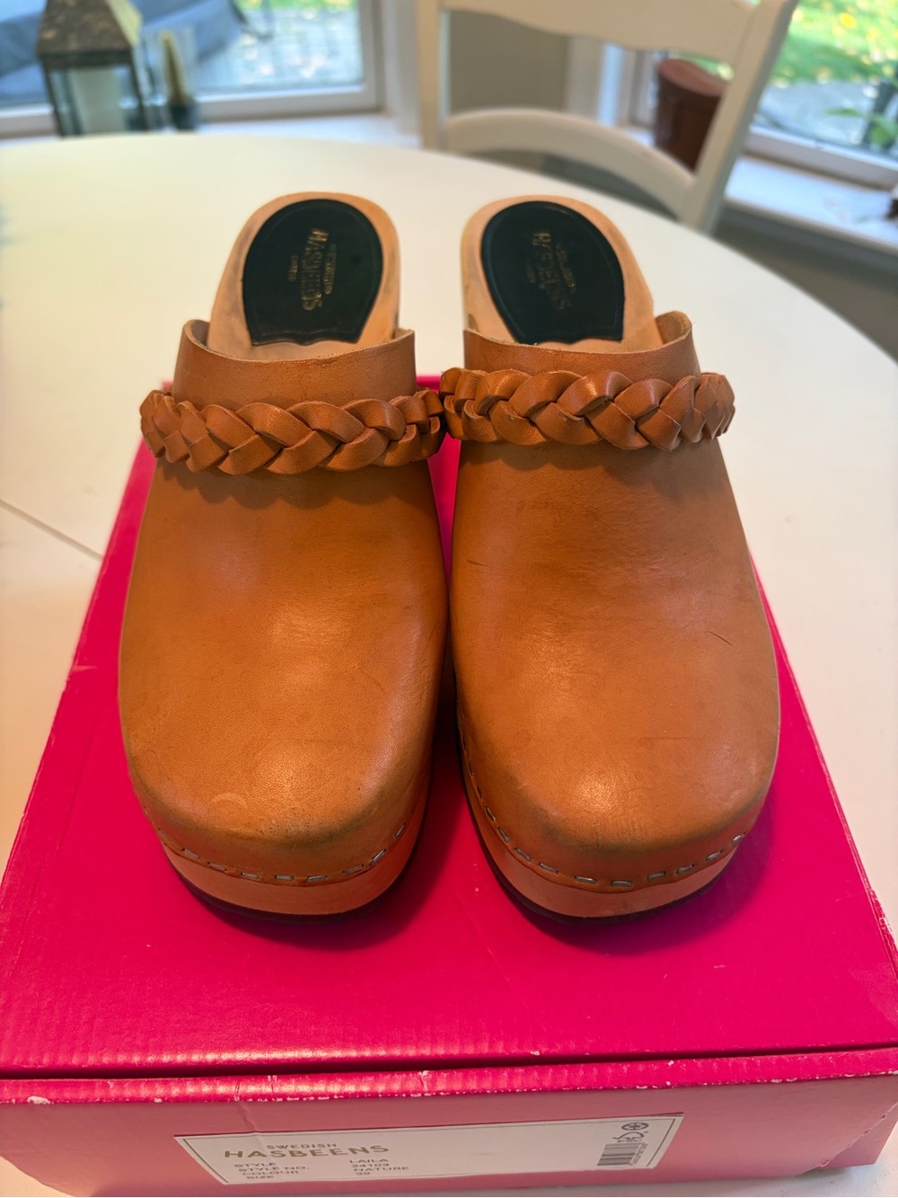 Swedish Hasbeens Tan Braided Leather Clogs
